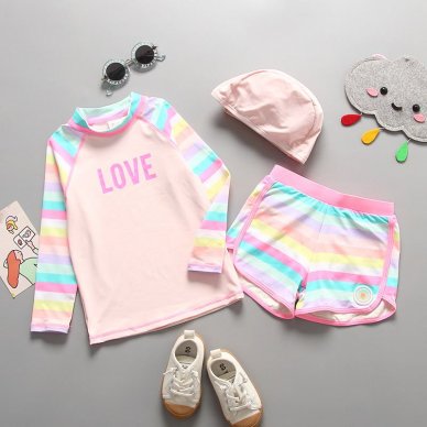 Love in Pastel Rainbow Stripes Children Swimsuit with Cap