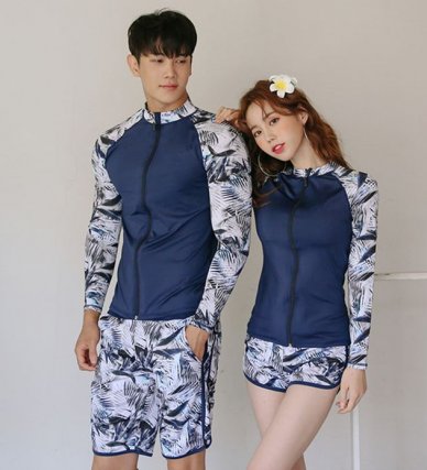 Tropical Blue Rash Guard with Short Pants Couple Swimsuit