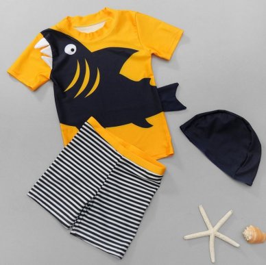 Biting Shark with 3D Tail Children Swimsuit with Swimming Cap