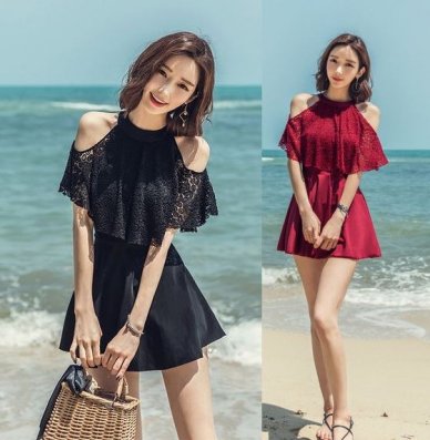 Carlie Off Shoulder Halter Lace Top One Piece Skirt Maillot Swimsuit