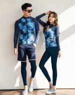 Blue Tropical Camouflage Rash Guard Couple Swimsuit