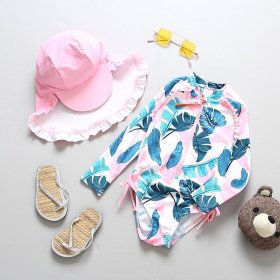 Monstera and Feathers One Piece Children Swimsuit with Hat