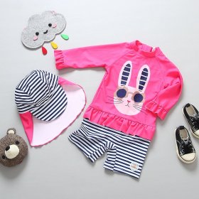 Swag Rabbit in Pink Ruffles and Stripes Children Swimsuit and Hat