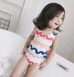 Rainbow Waves of Ribbons Children Swimsuit with Swimming Cap