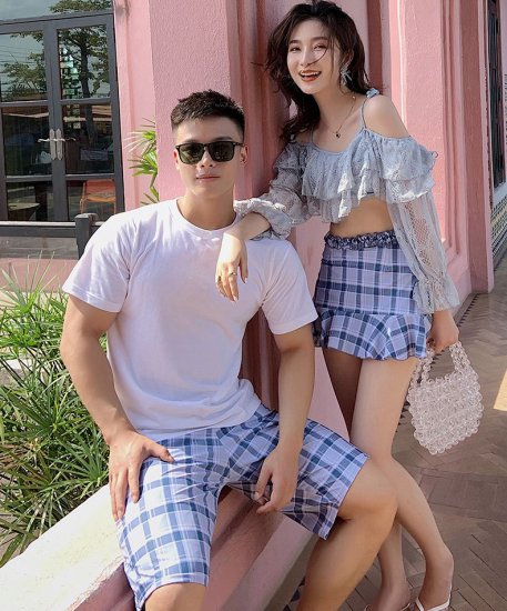 Off Shoulder with Ruffles in Checkered Couple Swimsuit