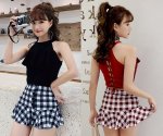 Joyce Laced Up Cropped Top with Checkered Skort Swimsuit Set