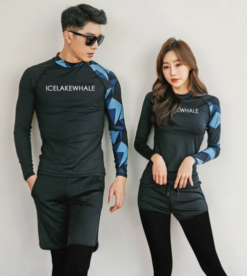 Blue Abstract Rash Guard Couple Swimsuit