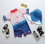 Swimming Shark in Red Stripes and Blue Waves Children Swimsuit with Matching Hat