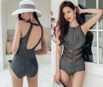 Sasha High Collar One Mesh V Stripes Maillot
