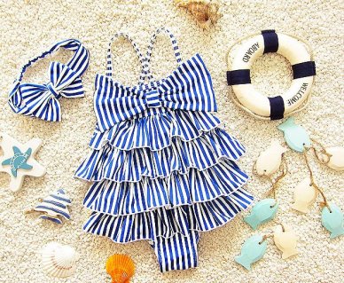 Jin Ae Princess with Bow in Blue Stripes Children Swimsuit