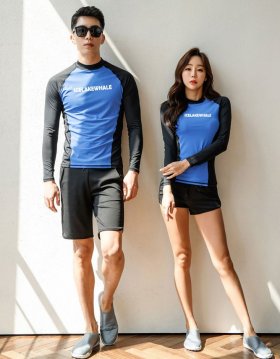 Slimming Silhouette Rash Guard with Short Pants Couple Swimsuit