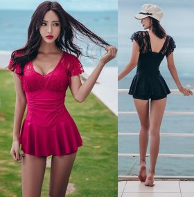 Mae V Neck Lace Skirt One Piece Maillot Swimsuit