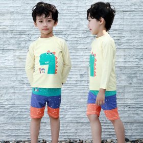 Smiling Dino Rash Guard Children Swimsuit with Swimming Cap