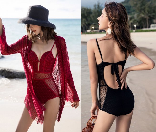 Rosa Honeycomb Deep V Monokini with Lace Beachwear