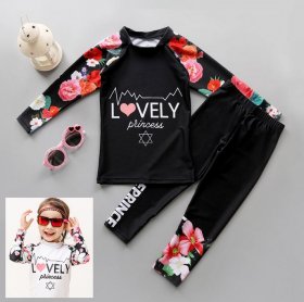 Lovely Princess Floral Rash Guard Children Swimsuit with Long Pants